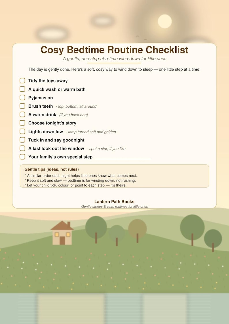 Puede incluir: Una lista de control de rutina de acostarse titulada Cosy Bedtime Routine Checklist con diez pasos como recoger juguetes, ba&ntilde;o, pijama, cepillarse los dientes, bebida caliente, elegir cuento, bajar luces, arropar, mirar por la ventana y un paso especial, con consejos y el logo de Lantern Path Books.