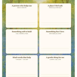 Pode incluir: Uma folha de atividades imprim&iacute;vel intitulada What Helps Me Feel Better com seis caixas em branco para escrever ou desenhar. O fundo apresenta uma floresta em aquarela e flores azuis. O texto inclui instru&ccedil;&otilde;es como A person who helps me.