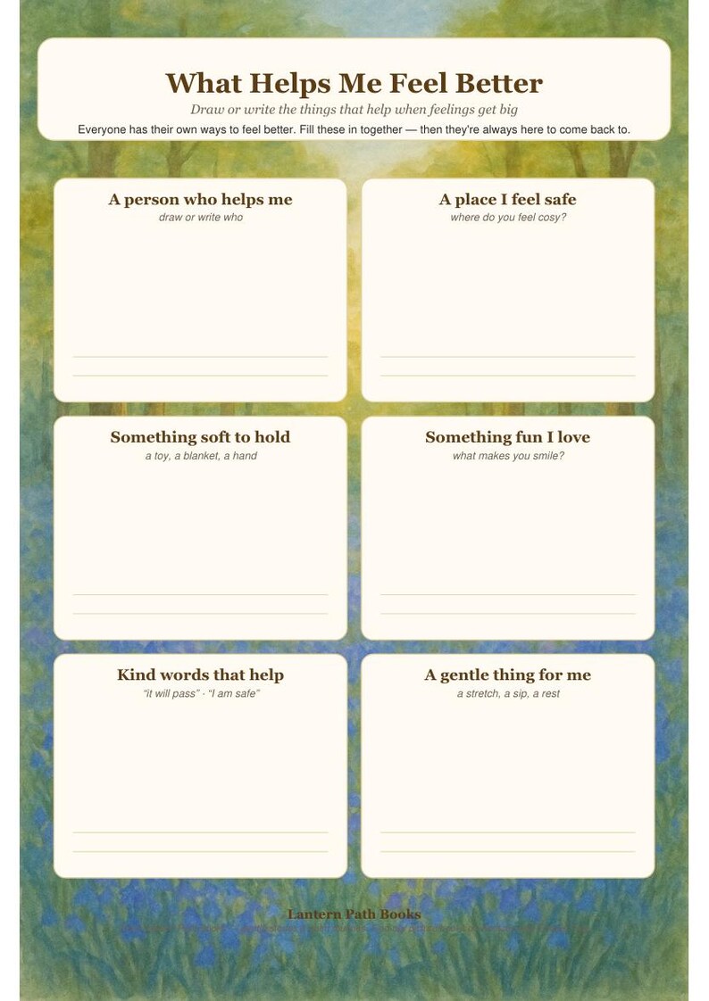 Pode incluir: Uma folha de atividades imprim&iacute;vel intitulada What Helps Me Feel Better com seis caixas em branco para escrever ou desenhar. O fundo apresenta uma floresta em aquarela e flores azuis. O texto inclui instru&ccedil;&otilde;es como A person who helps me.