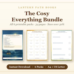 Op de afbeelding: De Cosy Everything Bundle van Lantern Path Books bevat 6 printbare pakketten met in totaal 34 pagina's. De afbeelding toont drie documentpagina's: een checklist voor de bedtijdroutine met een nachtlandschap, een leesuitdaging en een telblad.