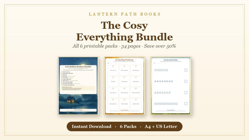 Op de afbeelding: De Cosy Everything Bundle van Lantern Path Books bevat 6 printbare pakketten met in totaal 34 pagina's. De afbeelding toont drie documentpagina's: een checklist voor de bedtijdroutine met een nachtlandschap, een leesuitdaging en een telblad.