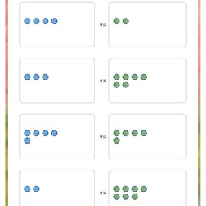 K&ouml;nnte beinhalten: Ein wei&szlig;es Arbeitsblatt mit dem Titel More, Less or the Same und einer Zeile f&uuml;r einen Namen. Es enth&auml;lt vier Zeilen mit Vergleichsaufgaben, die blaue und gr&uuml;ne Kreise in rechteckigen Feldern verwenden, sowie den Text Lantern Path Books.