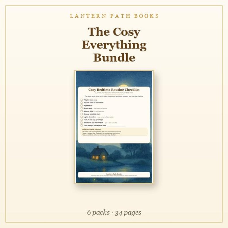 Op de afbeelding: Een digitaal productpakket getiteld Lantern Path Books The Cosy Everything Bundle met 6 pakketten en 34 pagina's. De centrale afbeelding is een checklist voor de bedtijdroutine met een nachtelijk tafereel van een huis aan een rivier.