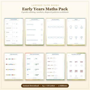 May include: An Early Years Maths Pack by Lantern Path Books featuring 8 educational worksheets for counting, numbers, shapes, and patterns. The set includes pages for tracing, matching, and addition, available as an instant download in A4 and US Letter sizes.