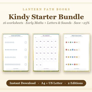 K&ouml;nnte beinhalten: Ein digitales Kindy Starter Bundle von Lantern Path Books mit 16 Arbeitsbl&auml;ttern f&uuml;r fr&uuml;he Mathematik, Buchstaben und Laute. Das Set enth&auml;lt drei Seiten mit Z&auml;hl-, Alphabet- und Form&uuml;bungen, verf&uuml;gbar als sofortiger Download in A4 und US Letter Formaten.