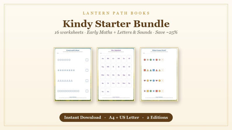 K&ouml;nnte beinhalten: Ein digitales Kindy Starter Bundle von Lantern Path Books mit 16 Arbeitsbl&auml;ttern f&uuml;r fr&uuml;he Mathematik, Buchstaben und Laute. Das Set enth&auml;lt drei Seiten mit Z&auml;hl-, Alphabet- und Form&uuml;bungen, verf&uuml;gbar als sofortiger Download in A4 und US Letter Formaten.