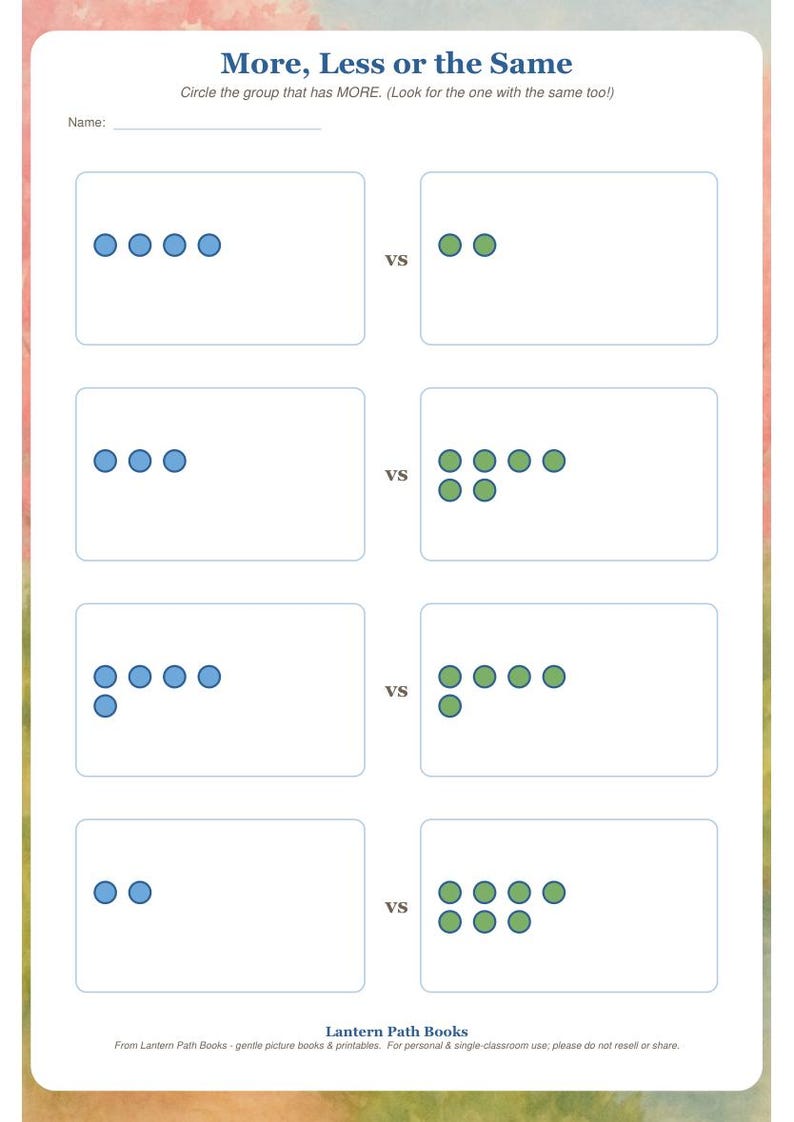 May include: A white educational worksheet titled More, Less or the Same with a line for a name. It features four rows of comparison tasks using blue and green circles arranged in groups within rectangular boxes, with the text Lantern Path Books.
