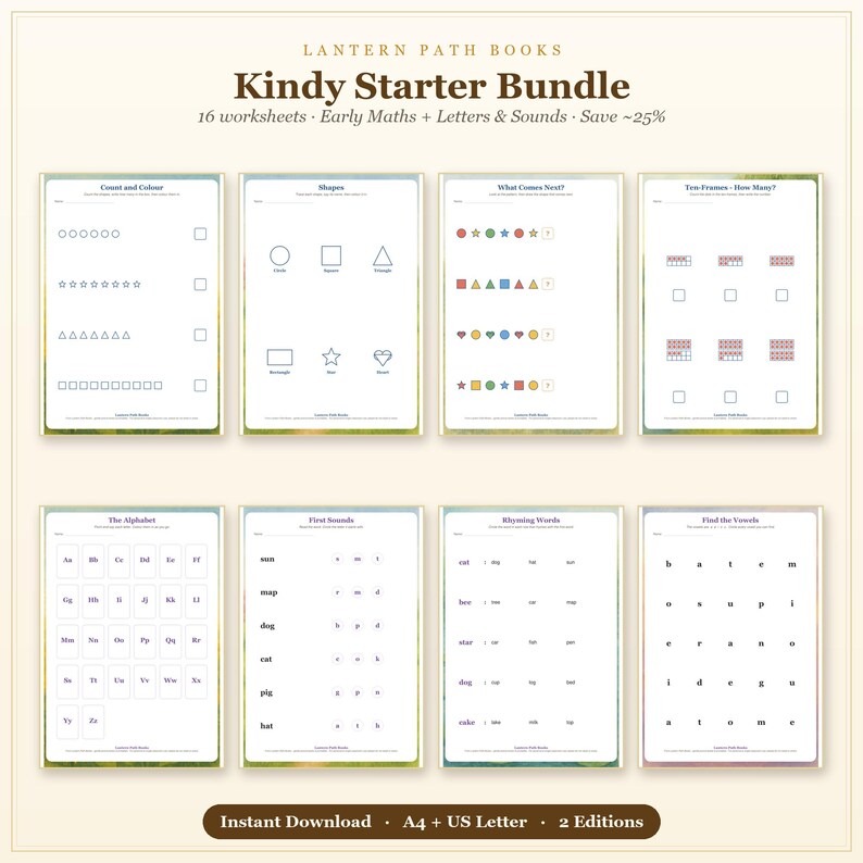 K&ouml;nnte beinhalten: Ein digitales Lernpaket mit dem Titel Lantern Path Books Kindy Starter Bundle, das 16 Arbeitsbl&auml;tter f&uuml;r fr&uuml;he Mathematik und Lese&uuml;bungen enth&auml;lt. Die Seiten umfassen Aufgaben zu Z&auml;hlen, Formen, Mustern, Zehnerfeldern und dem Alphabet.
