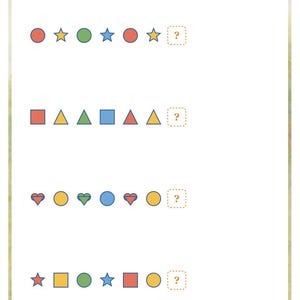 K&ouml;nnte beinhalten: Ein wei&szlig;es Arbeitsblatt mit dem Titel What Comes Next? das vier Reihen bunter geometrischer Formen wie Kreise, Sterne, Quadrate, Dreiecke und Herzen zeigt. Jede Reihe endet mit einem Feld, das ein Fragezeichen zur Vervollst&auml;ndigung enth&auml;lt.