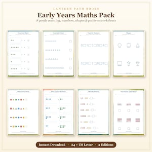 K&ouml;nnte beinhalten: Ein Early Years Maths Pack von Lantern Path Books mit 8 p&auml;dagogischen Arbeitsbl&auml;ttern zu Z&auml;hlen, Zahlen, Formen und Mustern. Das Set enth&auml;lt &Uuml;bungen zum Nachspuren, Zuordnen und Addieren, verf&uuml;gbar als Sofort-Download in A4 und US Letter Formaten.