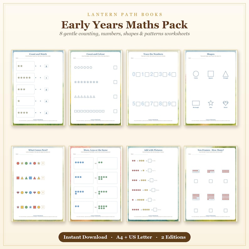 K&ouml;nnte beinhalten: Ein Early Years Maths Pack von Lantern Path Books mit 8 p&auml;dagogischen Arbeitsbl&auml;ttern zu Z&auml;hlen, Zahlen, Formen und Mustern. Das Set enth&auml;lt &Uuml;bungen zum Nachspuren, Zuordnen und Addieren, verf&uuml;gbar als Sofort-Download in A4 und US Letter Formaten.