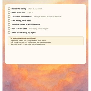 Pode incluir: Uma impress&atilde;o informativa retangular intitulada When Big Feelings Come, apresentando uma lista de verifica&ccedil;&atilde;o de passos para regula&ccedil;&atilde;o emocional contra um fundo de aguarela de p&ocirc;r do sol. Inclui uma sec&ccedil;&atilde;o para adultos e o log&oacute;tipo Lantern Path Books.