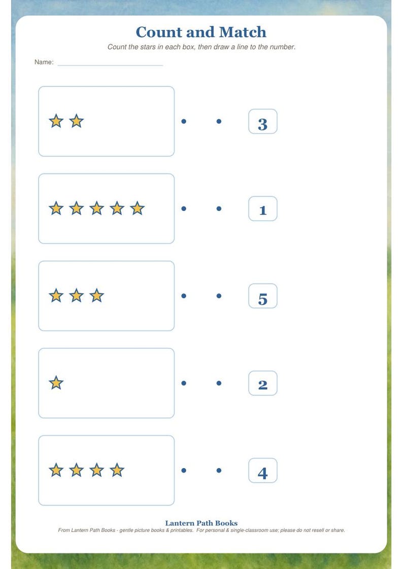K&ouml;nnte beinhalten: Ein wei&szlig;es Arbeitsblatt mit dem Titel Count and Match, einer Zeile f&uuml;r den Namen, f&uuml;nf rechteckigen K&auml;sten mit gelben Sternen und den Zahlen 1 bis 5 zum Verbinden. Der untere Text lautet Lantern Path Books.