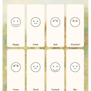 Pode incluir: Um cartaz intitulado How Am I Feeling? com oito pain&eacute;is retangulares com rostos desenhados em linhas simples representando emo&ccedil;&otilde;es rotuladas como Happy, Calm, Sad, Worried, Cross, Tired, Excited e Shy, sobre um fundo floral suave.