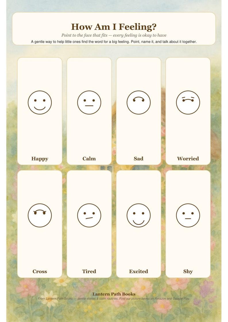 Pode incluir: Um cartaz intitulado How Am I Feeling? com oito pain&eacute;is retangulares com rostos desenhados em linhas simples representando emo&ccedil;&otilde;es rotuladas como Happy, Calm, Sad, Worried, Cross, Tired, Excited e Shy, sobre um fundo floral suave.
