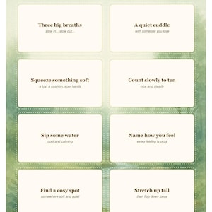 Puede incluir: Una hoja imprimible titulada Calm-Down Cards que presenta ocho cajas rectangulares con bordes discontinuos. Cada caja contiene instrucciones de texto para la regulaci&oacute;n emocional, como Three big breaths, A quiet cuddle y Squeeze something soft.