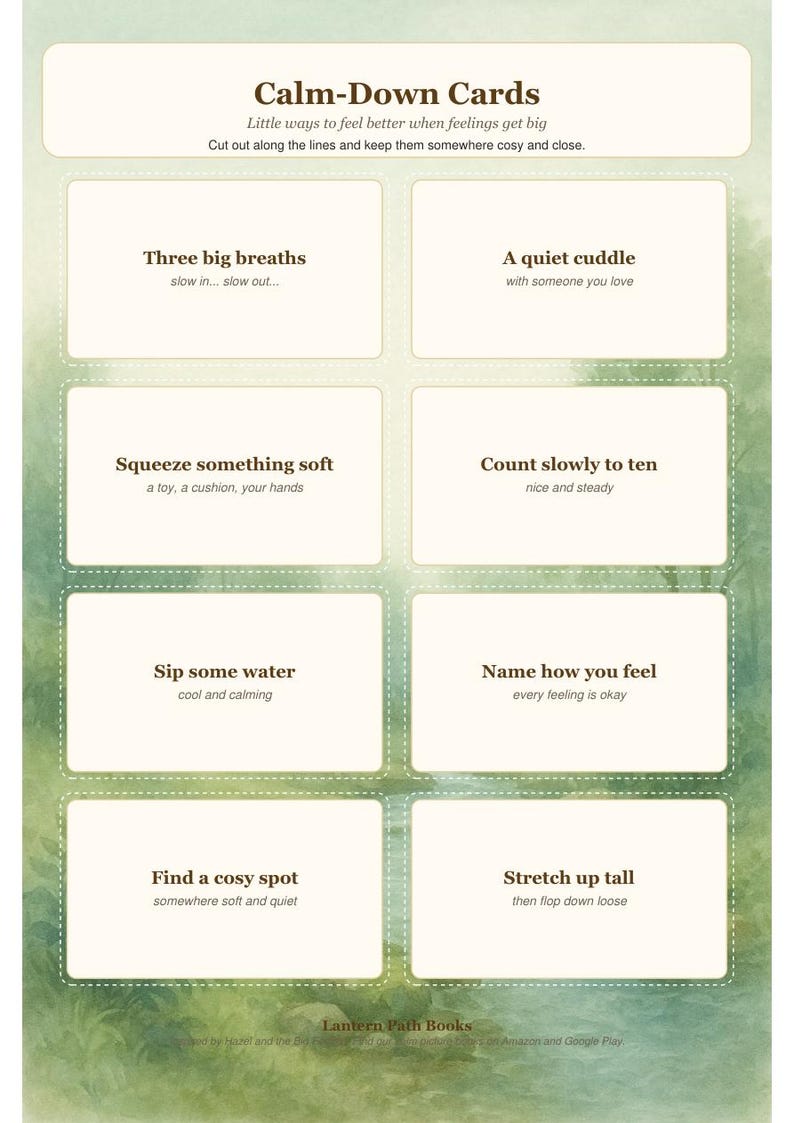 Puede incluir: Una hoja imprimible titulada Calm-Down Cards que presenta ocho cajas rectangulares con bordes discontinuos. Cada caja contiene instrucciones de texto para la regulaci&oacute;n emocional, como Three big breaths, A quiet cuddle y Squeeze something soft.