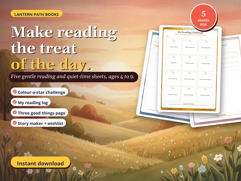 Reading Log Gratitude Journal Printable | Kids Reading Challenge, Story Prompts (Digital Download) image 1