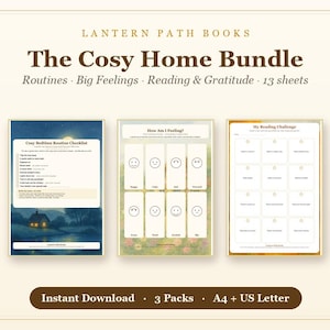 Pode incluir: O Cosy Home Bundle da Lantern Path Books inclui 13 folhas para rotinas, sentimentos e leitura. Tr&ecirc;s p&aacute;ginas imprim&iacute;veis s&atilde;o exibidas: uma lista de verifica&ccedil;&atilde;o de rotina noturna com uma casa, um gr&aacute;fico de sentimentos e um desafio de leitura.