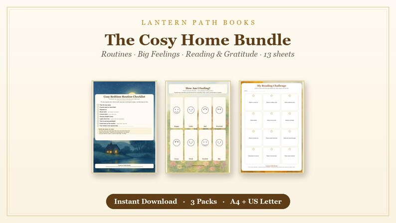Pode incluir: O Cosy Home Bundle da Lantern Path Books inclui 13 folhas para rotinas, sentimentos e leitura. Tr&ecirc;s p&aacute;ginas imprim&iacute;veis s&atilde;o exibidas: uma lista de verifica&ccedil;&atilde;o de rotina noturna com uma casa, um gr&aacute;fico de sentimentos e um desafio de leitura.