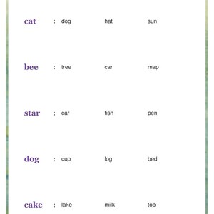 K&ouml;nnte beinhalten: Ein wei&szlig;es Arbeitsblatt mit dem Titel Rhyming Words, einer Zeile f&uuml;r den Namen und f&uuml;nf Zeilen mit Wort&uuml;bungen. Jede Zeile enth&auml;lt ein Hauptwort gefolgt von drei Optionen zur Identifizierung eines Reims, darunter cat, bee, star, dog und cake.