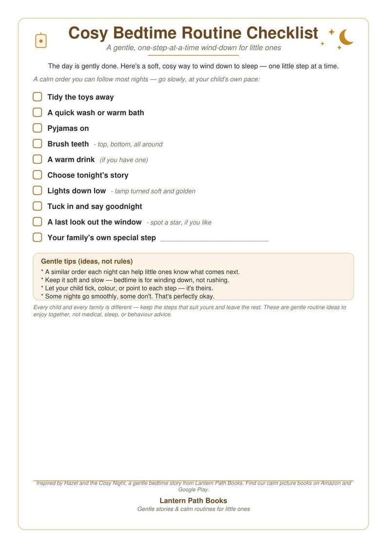 Puede incluir: Una lista de control de papel blanco titulada Cosy Bedtime Routine Checklist con un icono de luna y estrella. Enumera diez pasos, incluidos Tidy the toys away, A quick wash or warm bath, Pyjamas on, Brush teeth, A warm drink y otros.