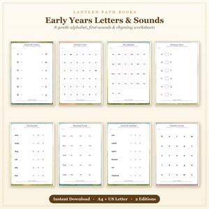 Op de afbeelding: Acht educatieve werkbladen getiteld Lantern Path Books Early Years Letters & Sounds. De pagina's bevatten zwarte tekst op een witte achtergrond, inclusief oefeningen voor het matchen van letters, het vinden van letters en fonetische taken.