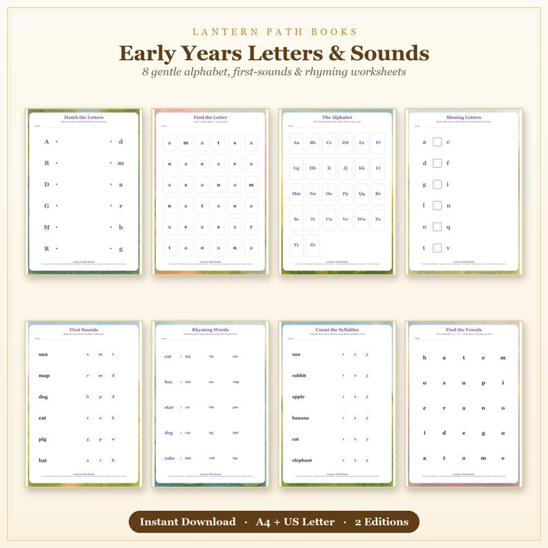 Op de afbeelding: Acht educatieve werkbladen getiteld Lantern Path Books Early Years Letters & Sounds. De pagina's bevatten zwarte tekst op een witte achtergrond, inclusief oefeningen voor het matchen van letters, het vinden van letters en fonetische taken.
