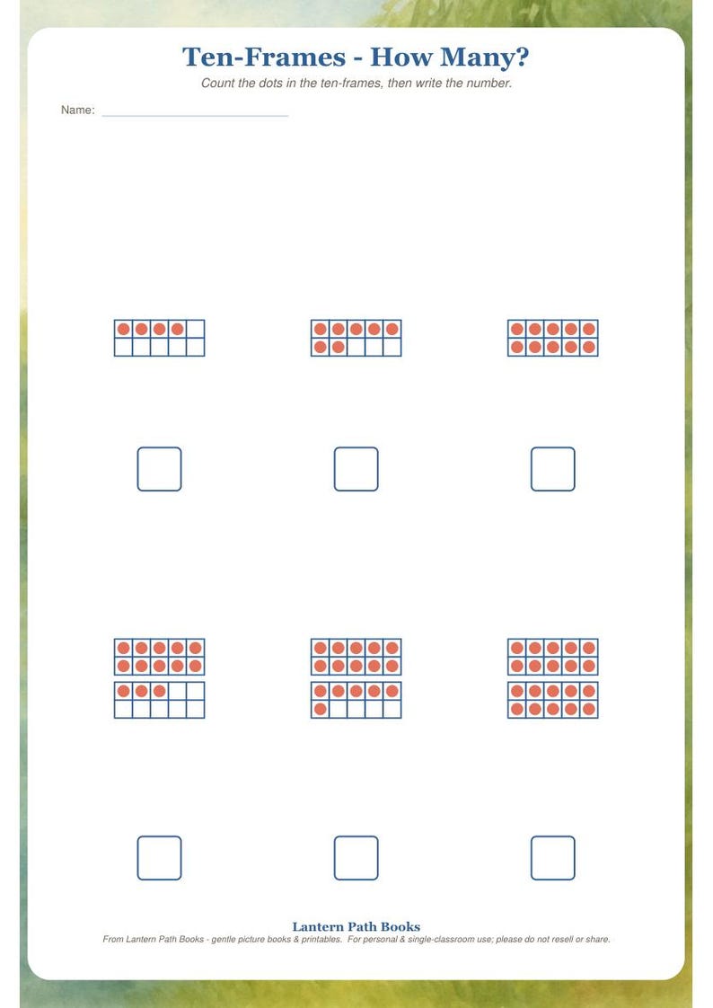 K&ouml;nnte beinhalten: Ein wei&szlig;es Arbeitsblatt mit dem Titel Ten-Frames - How Many? das sechs Zehnerfeld-Raster mit orangefarbenen Punkten und leeren K&auml;stchen zum Eintragen von Zahlen enth&auml;lt. Die Seite zeigt oben eine Namenszeile und unten das Logo Lantern Path Books.