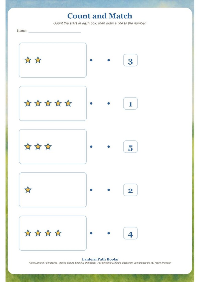 May include: A white educational worksheet titled Count and Match with a name line, five rectangular boxes containing yellow stars, and corresponding numbers 1 through 5 to connect with lines. The bottom text reads Lantern Path Books.