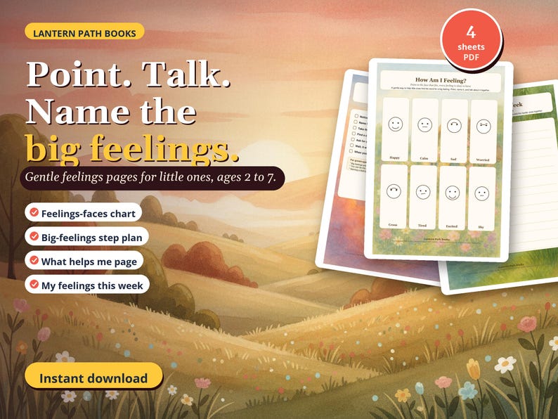 Kids Feelings Chart Printable | Emotions Check-In, Calm Down Steps (Digital Download) image 1