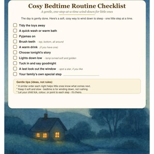 Puede incluir: Una lista de control de rutina de dormir con una escena nocturna que muestra una casa junto a un r&iacute;o bajo la luna. La lista incluye pasos como recoger los juguetes, un ba&ntilde;o r&aacute;pido, ponerse el pijama, lavarse los dientes, tomar una bebida caliente, elegir un cuento, bajar las luces, acostarse, mirar por la ventana y un paso especial familiar.