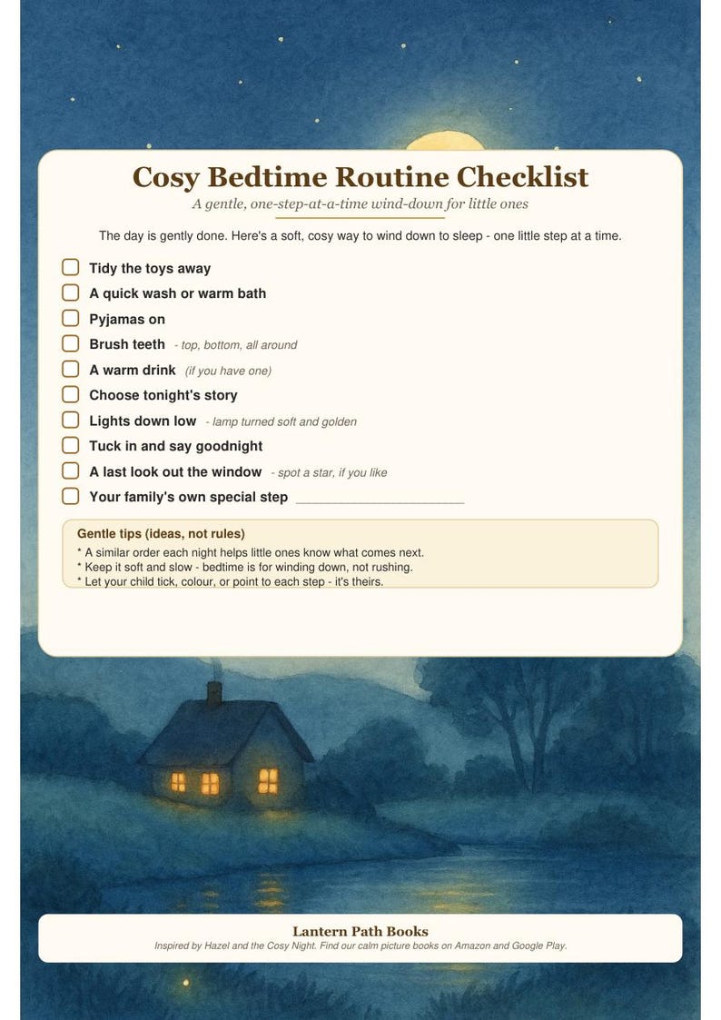 Puede incluir: Una lista de control de rutina de dormir con una escena nocturna que muestra una casa junto a un r&iacute;o bajo la luna. La lista incluye pasos como recoger los juguetes, un ba&ntilde;o r&aacute;pido, ponerse el pijama, lavarse los dientes, tomar una bebida caliente, elegir un cuento, bajar las luces, acostarse, mirar por la ventana y un paso especial familiar.