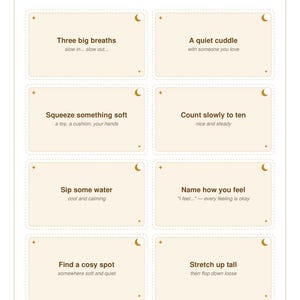 Puede incluir: Una hoja imprimible de ocho tarjetas de calma con fondo crema y texto marr&oacute;n. Cada tarjeta presenta un icono de luna creciente e instrucciones para la regulaci&oacute;n emocional, como Tres respiraciones profundas, Un abrazo tranquilo y Contar hasta diez.