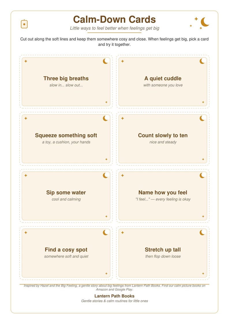 Puede incluir: Una hoja imprimible de ocho tarjetas de calma con fondo crema y texto marr&oacute;n. Cada tarjeta presenta un icono de luna creciente e instrucciones para la regulaci&oacute;n emocional, como Tres respiraciones profundas, Un abrazo tranquilo y Contar hasta diez.