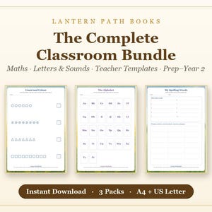 May include: The Complete Classroom Bundle by Lantern Path Books includes three educational worksheets for Prep-Year 2. The pages feature Count and Colours, The Alphabet, and My Spelling Words. The digital set is available as an instant download in A4 and US Letter sizes.