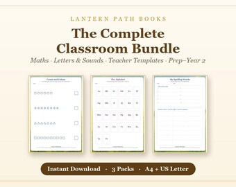 Paquete imprimible para el aula / Hojas de trabajo de matemáticas y fonética para jardín de infantes + Plantillas reutilizables para maestros / Descarga instantánea para preescolar y educación en casa
