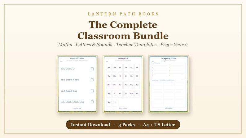 May include: The Complete Classroom Bundle by Lantern Path Books includes three educational worksheets for Prep-Year 2. The pages feature Count and Colours, The Alphabet, and My Spelling Words. The digital set is available as an instant download in A4 and US Letter sizes.