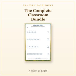 May include: A white educational worksheet titled Count and Colour featuring rows of circles, stars, triangles, and squares with empty boxes for counting. The page includes the text Lantern Path Books and is part of The Complete Classroom Bundle with 3 packs and 21 pages.