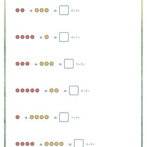 Op de afbeelding: Een wit werkblad met de titel Add with Pictures met zes optelsommen. Elke som toont rode en gele stippen om te tellen, een is-teken, een leeg vakje voor het antwoord en de bijbehorende numerieke vergelijking.