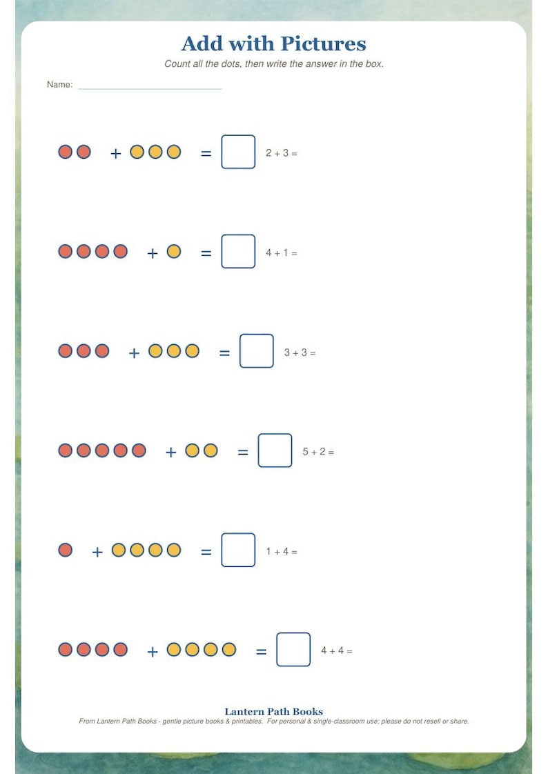 Op de afbeelding: Een wit werkblad met de titel Add with Pictures met zes optelsommen. Elke som toont rode en gele stippen om te tellen, een is-teken, een leeg vakje voor het antwoord en de bijbehorende numerieke vergelijking.