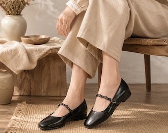 Czarne buty Mary Jane Camellia dla kobiet, płaskie buty z wegańskiej skóry z paskiem w kwiaty, 4 cm ukryty obcas, obuwie do pracy w stylu retro, buty wizytowe w stylu vintage