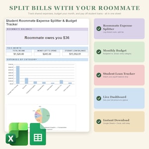 Peut inclure: Un modèle de feuille de calcul numérique pour le suivi des dépenses et du budget entre colocataires étudiants. La mise en page comprend un solde de colocataire, un résumé budgétaire, un graphique à barres, un diagramme circulaire et cinq encadrés.