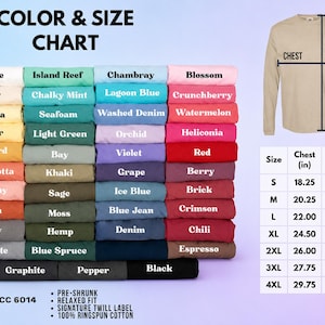 May include: A color and size chart for a long-sleeve shirt, displaying folded fabric swatches in various colors with labels like White, Mustard, and Black. Includes a diagram of a shirt with chest and length measurements in inches for sizes S to 4XL.