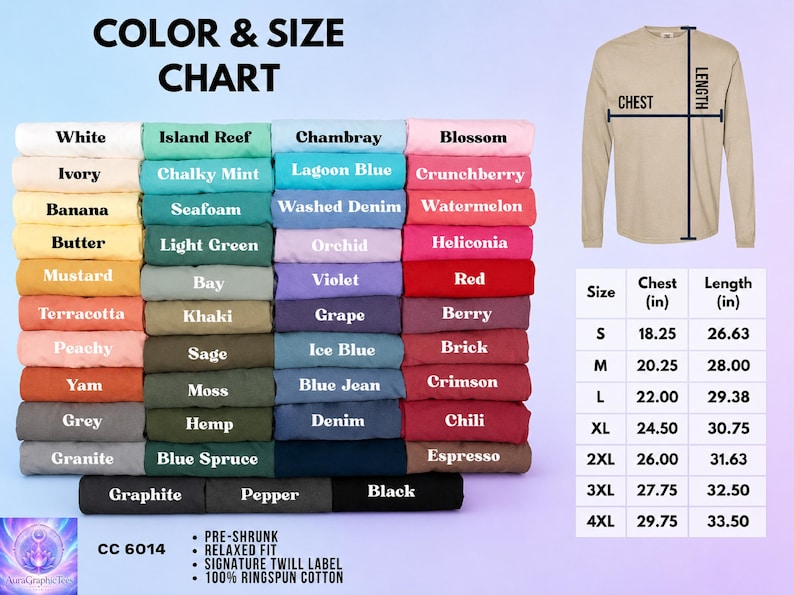 May include: A color and size chart for a long-sleeve shirt, displaying folded fabric swatches in various colors with labels like White, Mustard, and Black. Includes a diagram of a shirt with chest and length measurements in inches for sizes S to 4XL.