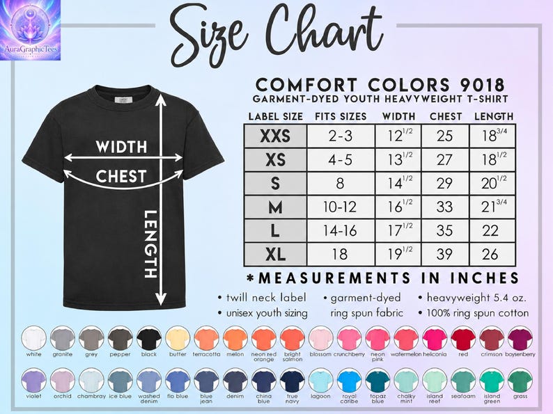 May include: A black youth t-shirt size chart for Comfort Colors 9018 garment-dyed heavyweight shirts. The chart displays measurements in inches for sizes XXS to XL, including width, chest, and length. A color palette of various shirt options is shown.