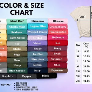 May include: A color and size chart for a t-shirt featuring a grid of folded shirts in various colors labeled with names like White, Ivory, Banana, Mustard, Terracotta, Peachy, Yam, Grey, Granite, Graphite, Pepper, and Black. Includes a size table in inches.