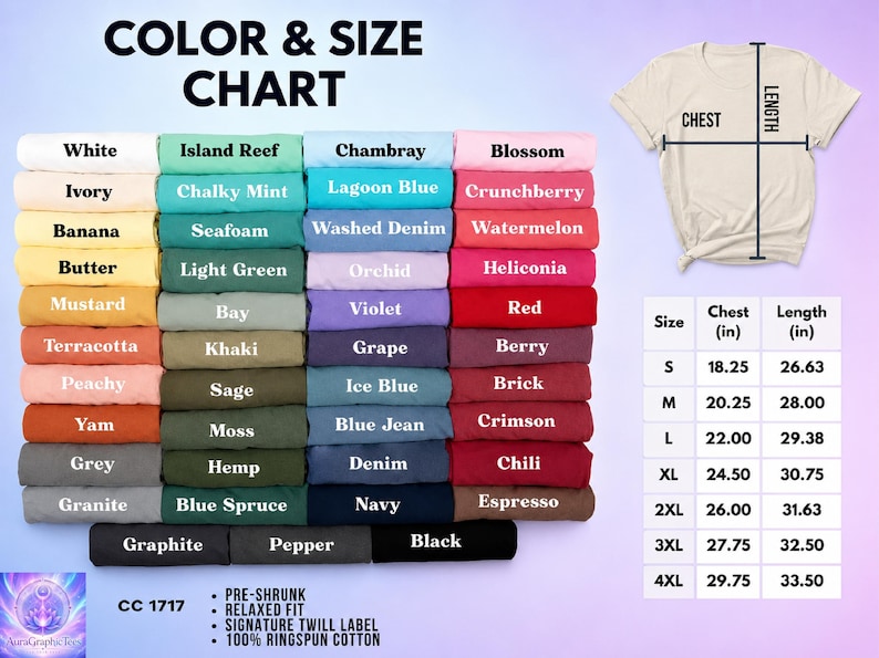 May include: A color and size chart for a t-shirt featuring a grid of folded shirts in various colors labeled with names like White, Ivory, Banana, Mustard, Terracotta, Peachy, Yam, Grey, Granite, Graphite, Pepper, and Black. Includes a size table in inches.