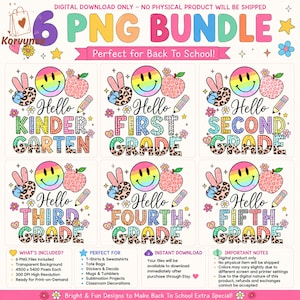 May include: A digital bundle of six PNG designs featuring a rainbow smiley face, a leopard print hand making a peace sign, a leopard print apple, and a pencil. Each design includes the text Hello followed by Kindergarten, First, Second, Third, Fourth, or Fifth Grade in colorful, patterned lettering with small flower and star accents.