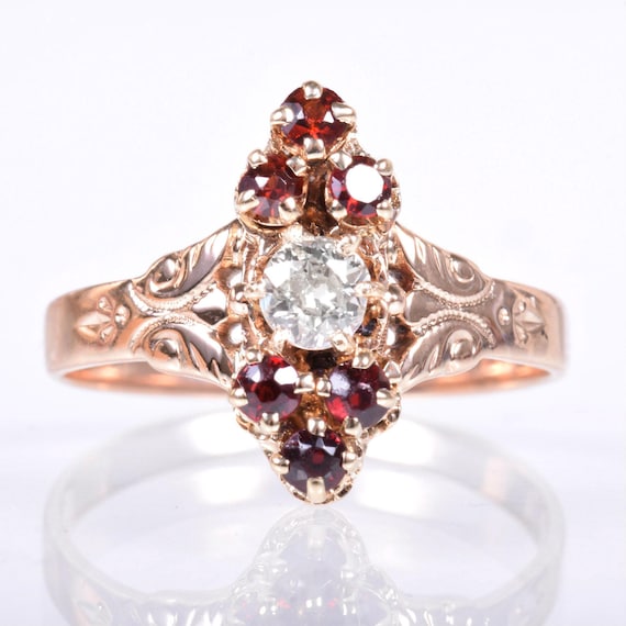 Antique Ring - Antique Victorian 10k Rose Gold Diamond & Garnet Navette Ring